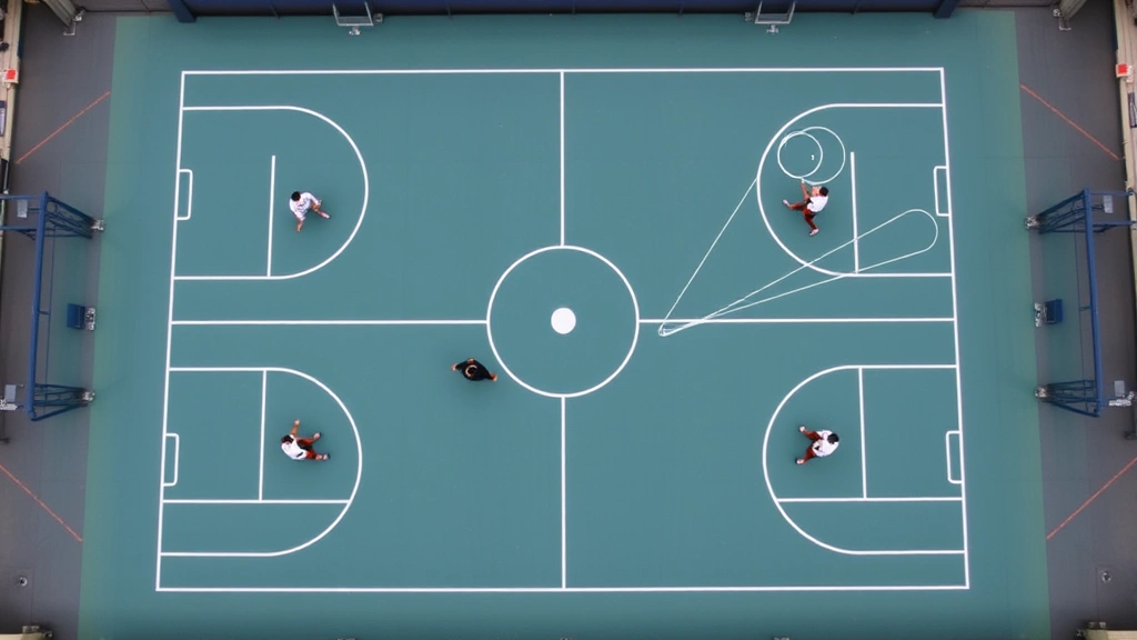 Four square court from elevated angle showing player positioning strategy, players spread across four squares with optimal spacing, ball trajectory shown with movement lines, dynamic competitive moment