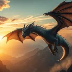 Majestic dragon with shimmering scales soaring through mountain peaks at sunset, photorealistic fantasy art style, dramatic lighting highlighting dragon's powerful wings and fierce expression