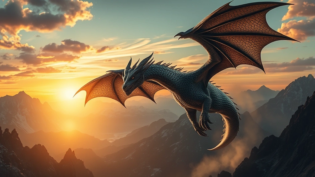 Majestic dragon with shimmering scales soaring through mountain peaks at sunset, photorealistic fantasy art style, dramatic lighting highlighting dragon's powerful wings and fierce expression