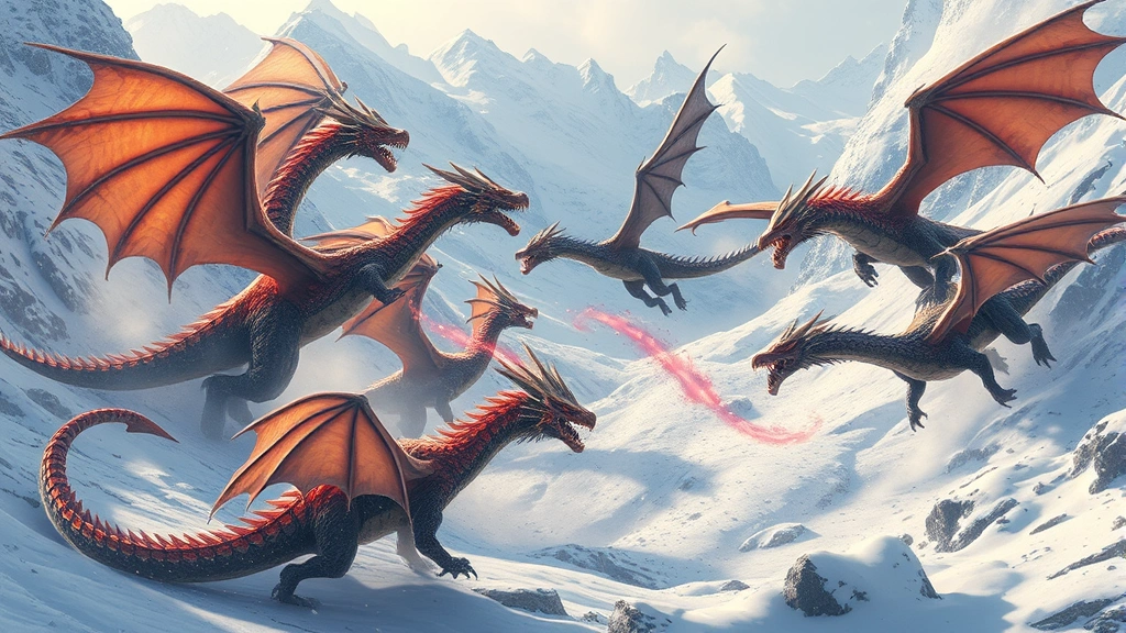 Epic fantasy battle scene with multiple colorful dragons fighting in an avalanche-covered mountain valley, dynamic action poses, snow swirling around combat, photorealistic fantasy illustration