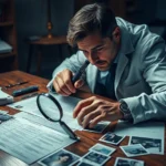 Photorealistic detective examining evidence on desk with magnifying glass, scattered documents and photographs, dramatic lighting, wooden desk, professional investigation workspace, no text or UI elements