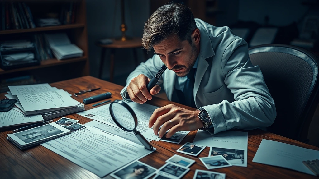 Photorealistic detective examining evidence on desk with magnifying glass, scattered documents and photographs, dramatic lighting, wooden desk, professional investigation workspace, no text or UI elements