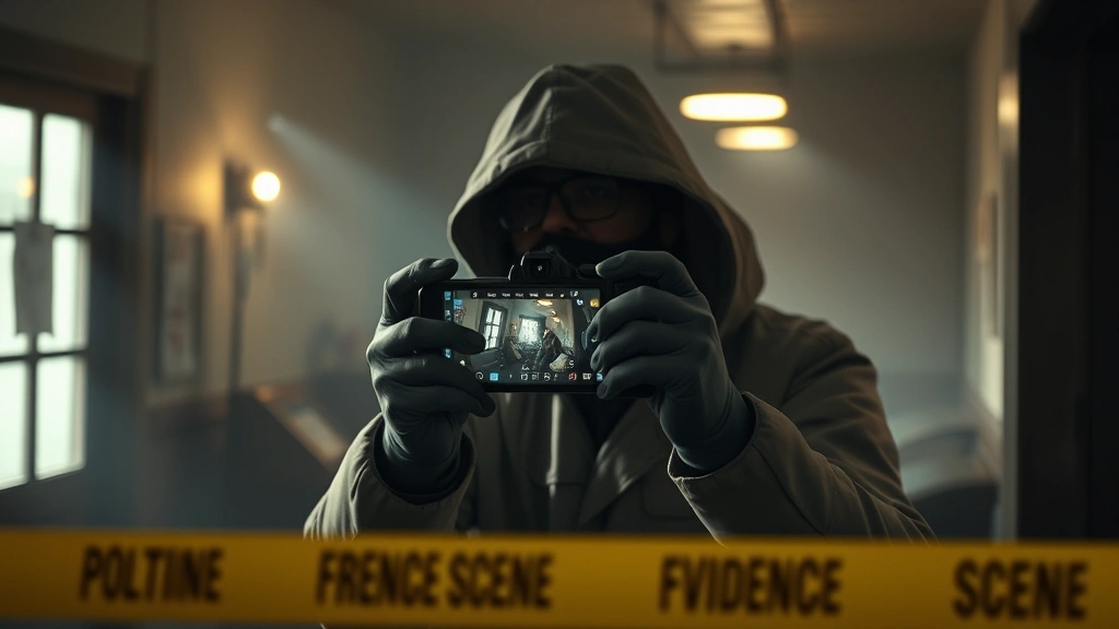 Atmospheric crime scene investigation with investigator photographing evidence markers, indoor location with natural lighting, realistic forensic documentation, detailed environmental storytelling, no visible menus or interface