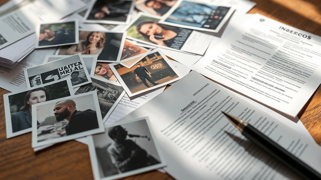 Close-up of physical evidence including photographs, documents, and investigation notes arranged on wooden surface, morning natural light, detailed clues and written information visible but no readable text, investigative workspace aesthetic