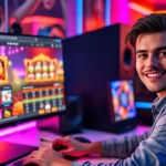 A player sitting at a desktop computer with a glowing casino website displaying colorful slot machine graphics on the monitor screen, holding a credit card with a satisfied expression, modern gaming setup with RGB lighting in background