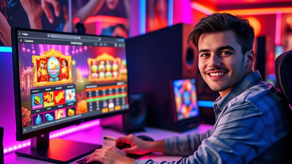 A player sitting at a desktop computer with a glowing casino website displaying colorful slot machine graphics on the monitor screen, holding a credit card with a satisfied expression, modern gaming setup with RGB lighting in background