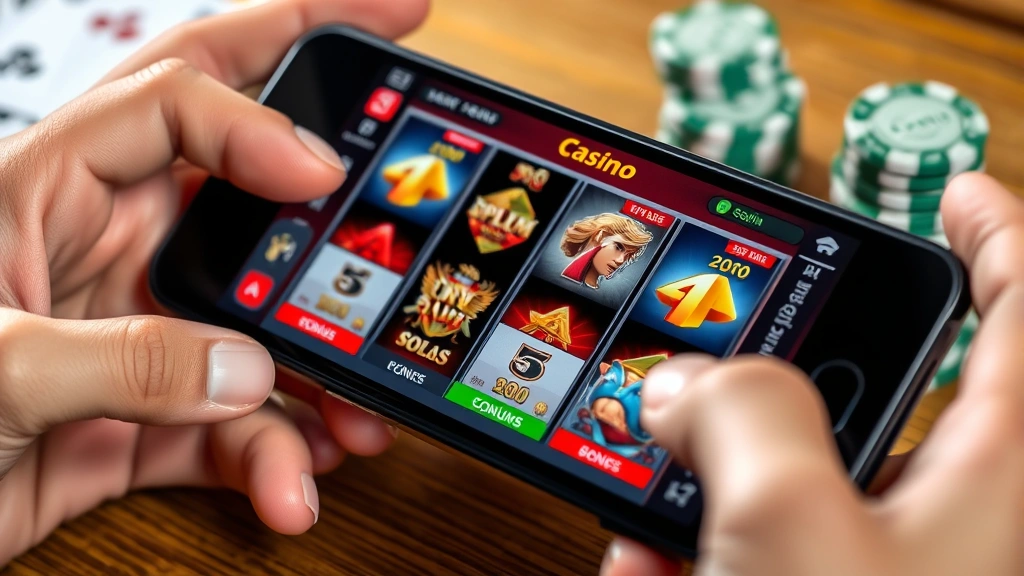 Close-up of a smartphone showing an online casino app interface with spinning slot reels and bonus offer banners, hands holding the phone with casino chips stacked nearby on a wooden table surface