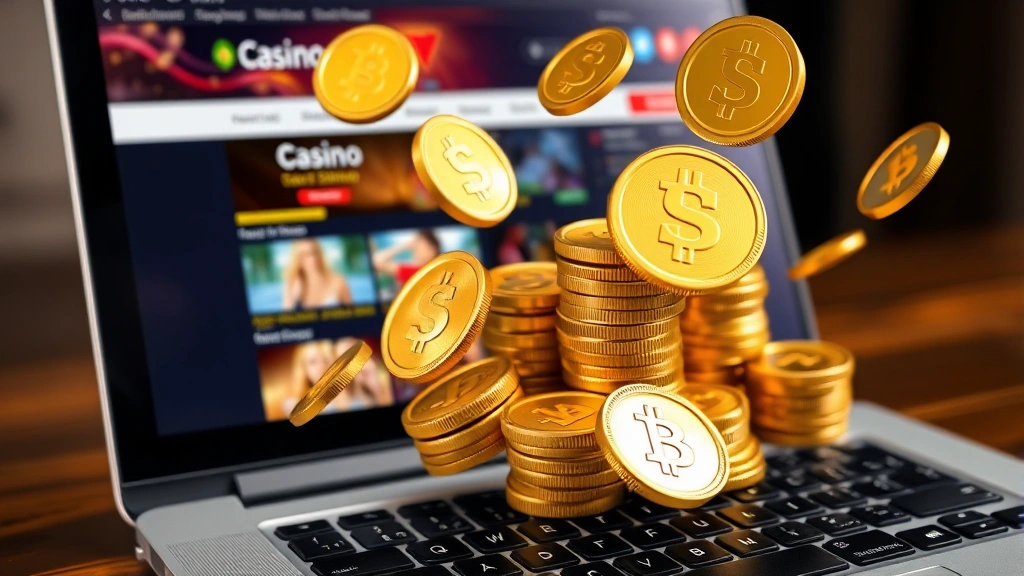A collection of gold coins and digital currency symbols floating above a laptop keyboard with a casino website visible, representing real money winnings and digital transactions in online gambling