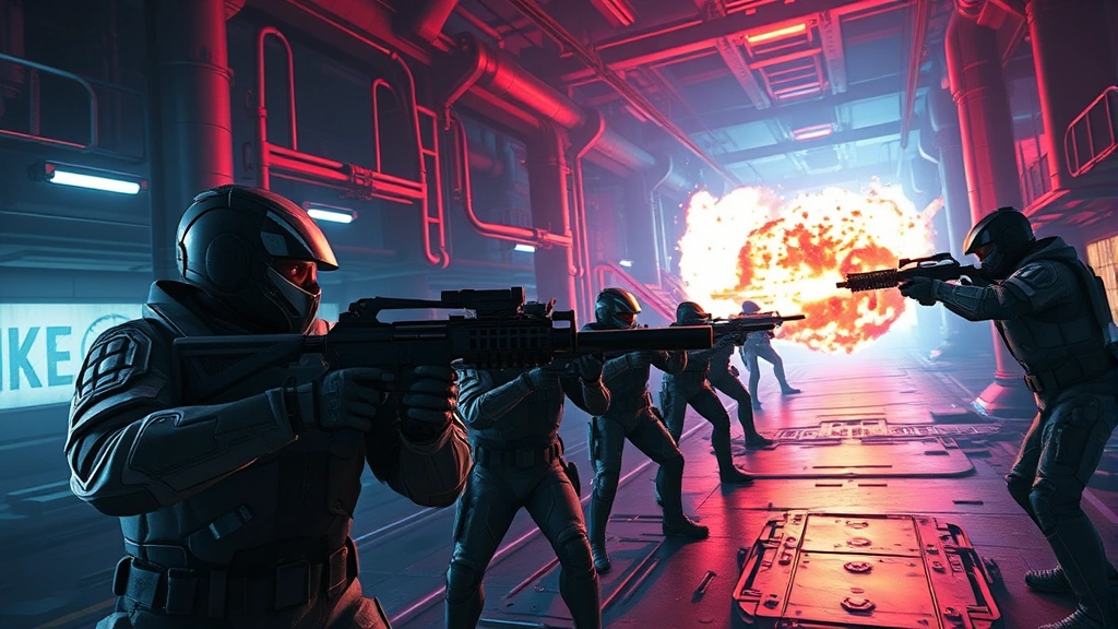 Intense multiplayer first-person shooter action with players in futuristic combat armor firing weapons across a neon-lit industrial map, explosions and muzzle flashes visible, photorealistic graphics, dynamic lighting