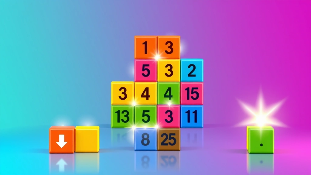 Colorful puzzle game interface showing numbered tiles combining and stacking, glowing effects indicating successful merges, minimalist design with vibrant geometric shapes and smooth animations