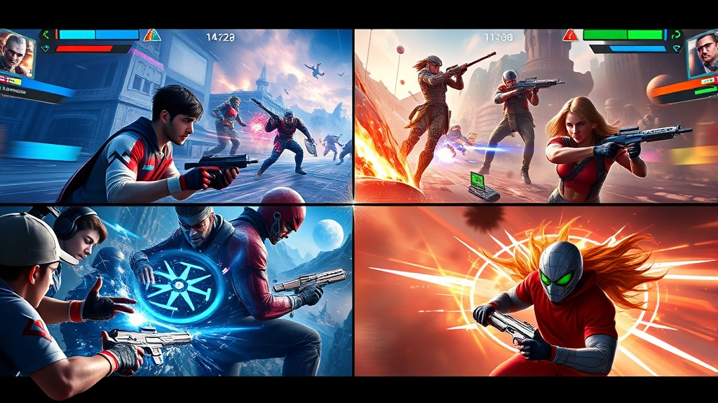 Diverse group of online players competing in real-time multiplayer gaming session, split-screen showing different game modes, fast-paced action with visual effects and dynamic movement, photorealistic gaming environment