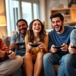 Diverse group of friends laughing together while playing video games on a couch in a modern living room, controllers in hand, casual gaming atmosphere, warm lighting, genuine joy on faces