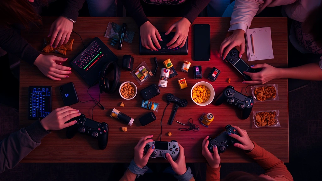 Overhead view of a gaming table setup with multiple gaming peripherals, controllers, and snacks scattered around, cozy gaming environment, friends' hands visible reaching for controllers, colorful RGB lighting