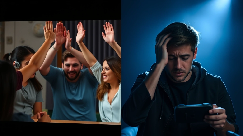 Split screen showing two contrasting reactions: one side shows friends high-fiving and celebrating together, other side shows frustrated gamer with hand on head looking disappointed, dramatic lighting contrast