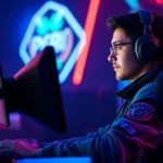 Professional esports player in gaming chair intense competitive match neon lighting setup