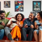A diverse family of four sitting on a colorful couch playing video games together with controllers, laughing and celebrating, bright living room setting with game posters on walls
