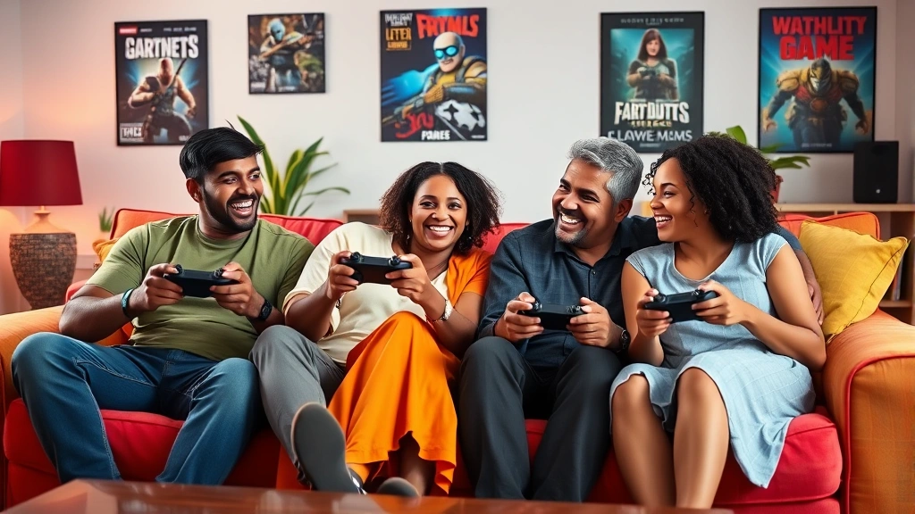 A diverse family of four sitting on a colorful couch playing video games together with controllers, laughing and celebrating, bright living room setting with game posters on walls