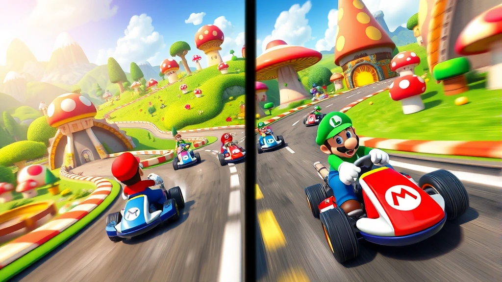 Split-screen showing Mario Kart race track with colorful characters racing through a vibrant mushroom kingdom landscape, vibrant colors and dynamic action, photorealistic gaming scene