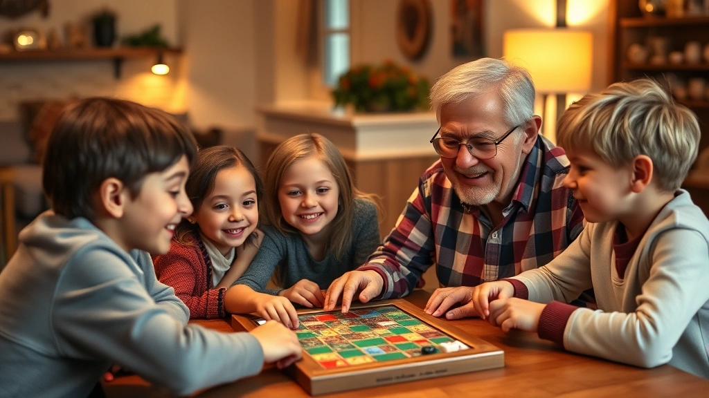 Cozy scene of grandparents and grandchildren sitting together at a table playing board game-style video game, warm lighting, happy expressions, multigenerational bonding moment