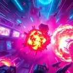 Vibrant neon-colored sci-fi game environment with chaotic explosions and colorful projectiles flying everywhere, photorealistic rendering, intense action scene with dynamic lighting, no UI elements