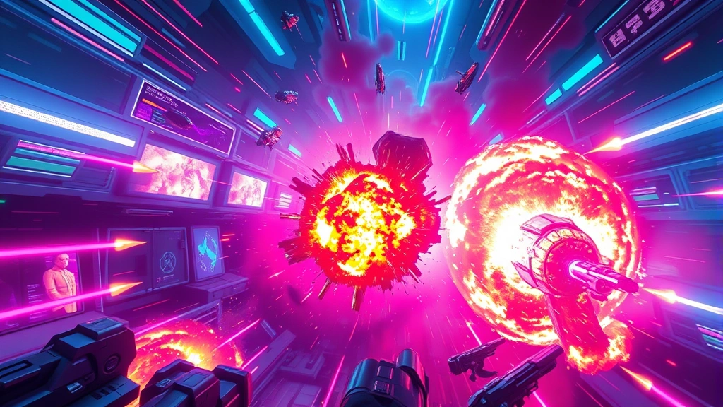 Vibrant neon-colored sci-fi game environment with chaotic explosions and colorful projectiles flying everywhere, photorealistic rendering, intense action scene with dynamic lighting, no UI elements