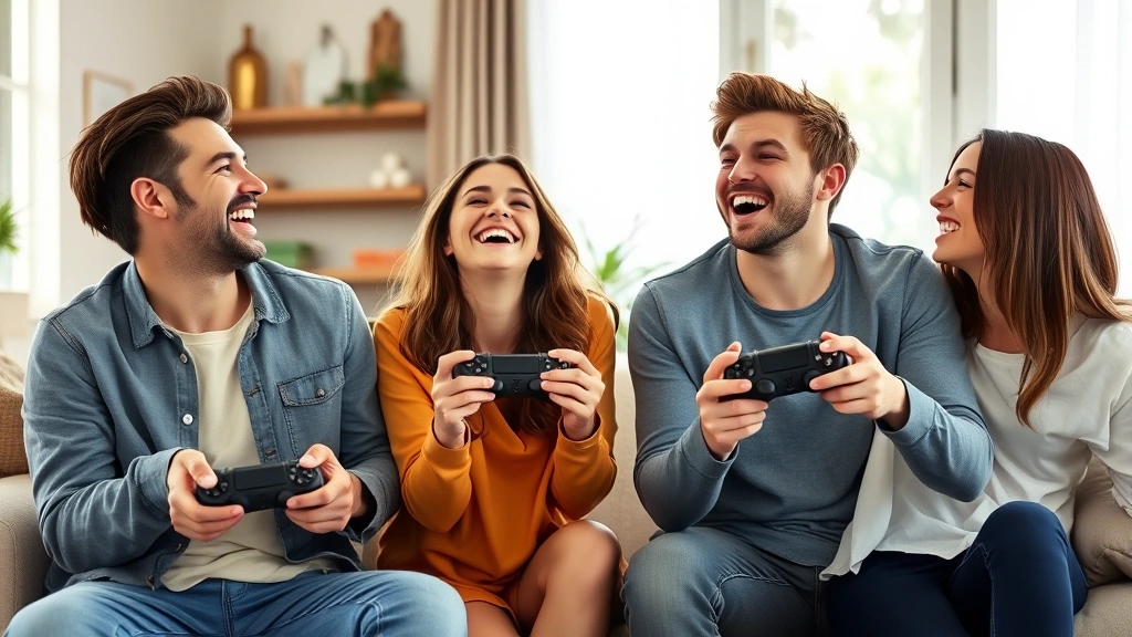 Friends laughing together while holding PS4 controllers in a living room, natural lighting, joyful expressions, casual gaming atmosphere, candid moment of genuine enjoyment