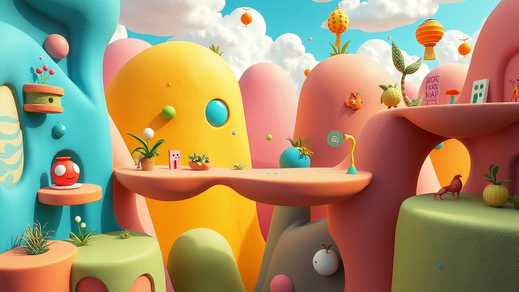 Whimsical absurdist game level with impossible physics, floating platforms, surreal colors, creative environmental design, playful and ridiculous setting, bright cheerful aesthetic, no text or menus