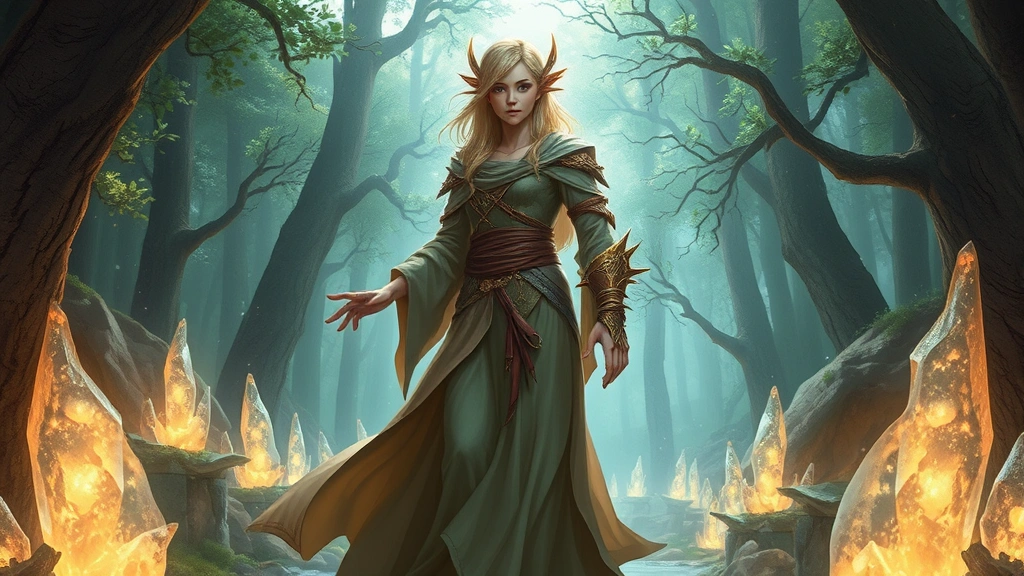 Fantasy character with ethereal appearance wearing flowing robes standing in magical forest with glowing crystals and mystical light effects