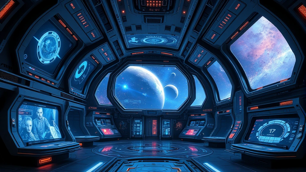 Sci-fi space station interior with futuristic architecture, holographic displays, and cosmic views through massive windows showing distant planets and nebulas
