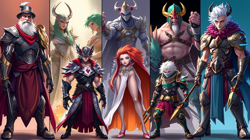 Vibrant character artwork showcase displaying diverse fantasy character designs with detailed armor, unique fashion styles, and expressive poses in dramatic lighting