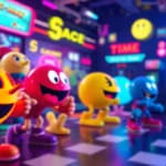 Vibrant colorful arcade game characters including Pac-Man style elements, retro pixel art aesthetics, glowing neon colors, dynamic motion blur effect, no text or UI elements visible, professional gaming atmosphere