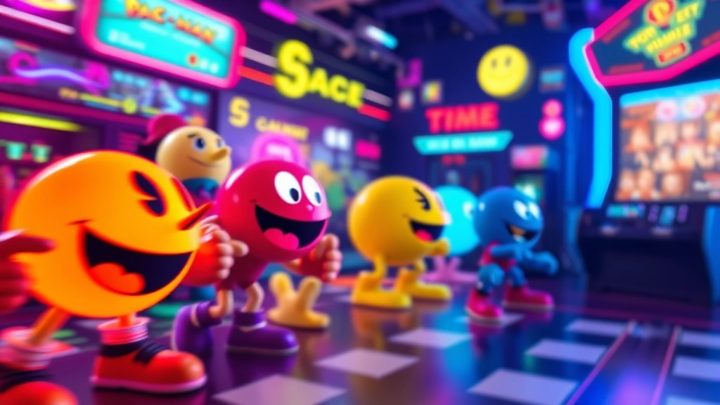 Vibrant colorful arcade game characters including Pac-Man style elements, retro pixel art aesthetics, glowing neon colors, dynamic motion blur effect, no text or UI elements visible, professional gaming atmosphere