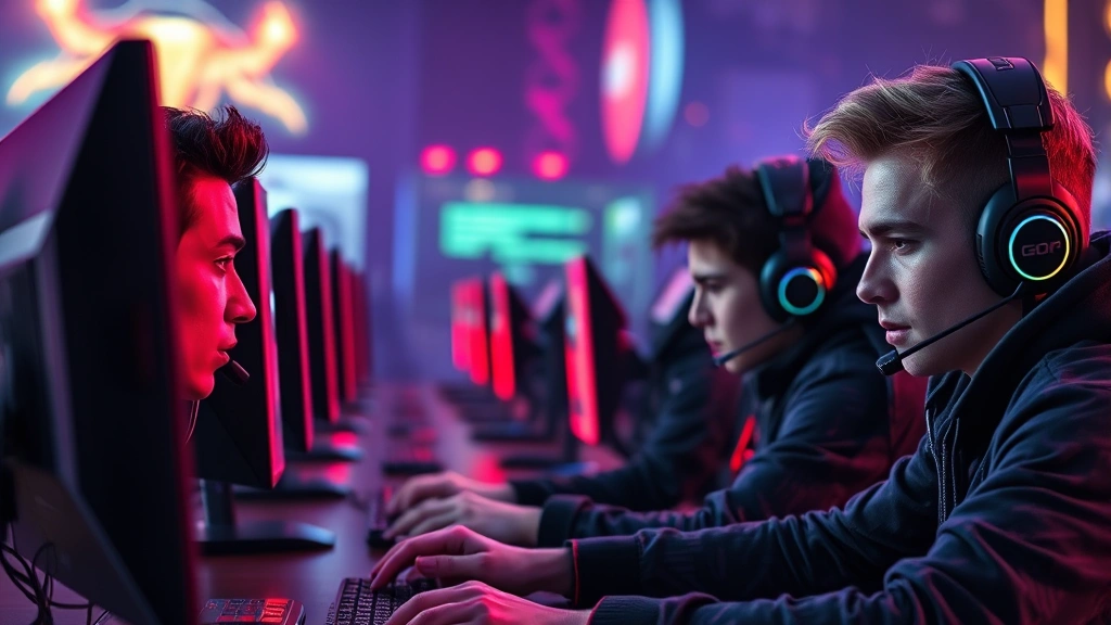 Modern competitive multiplayer gaming scene with players at computers, intense focused expressions, RGB lighting setup, gaming peripherals visible, energetic atmosphere, photorealistic detail, no screen content visible
