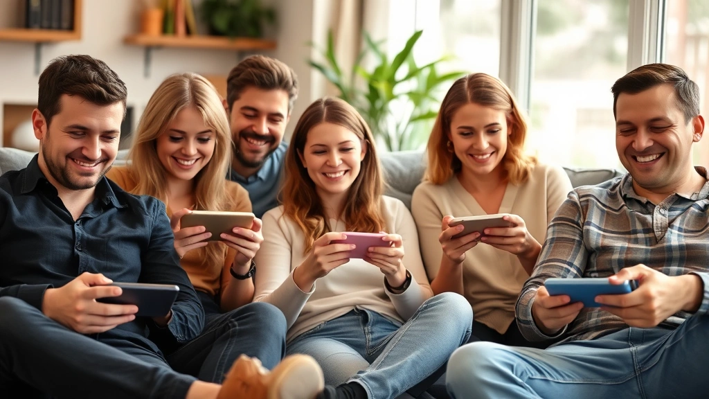 Diverse group of people enjoying casual gaming on various devices in relaxed settings, smiling faces, natural lighting, comfortable environments, gaming joy and entertainment, no game interfaces or text visible