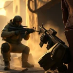 Photorealistic image of a soldier in tactical gear crouching behind cover in a dystopian rebel base, holding an assault rifle, with dramatic lighting and smoke effects, no HUD or UI elements visible