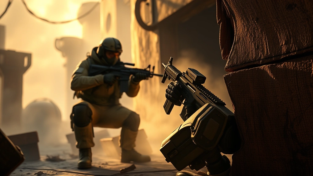 Photorealistic image of a soldier in tactical gear crouching behind cover in a dystopian rebel base, holding an assault rifle, with dramatic lighting and smoke effects, no HUD or UI elements visible