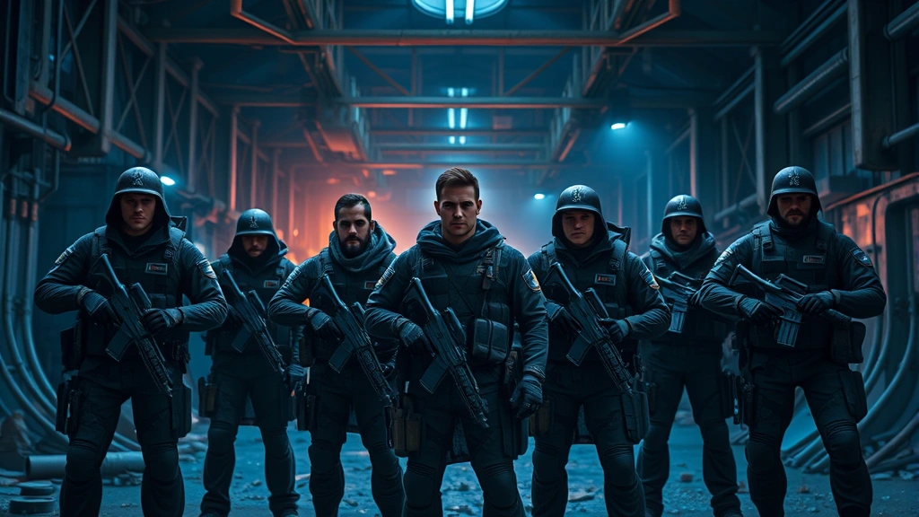 Photorealistic cinematic shot of a group of armed resistance fighters standing together in a war-torn industrial facility, looking determined and ready for battle, atmospheric lighting with blue and orange tones, no text or game interface