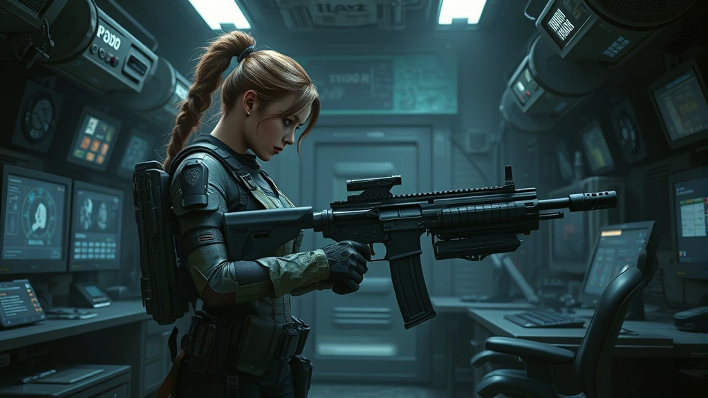 Photorealistic image of a female warrior character in tactical outfit examining a futuristic weapon in a underground bunker command center, surrounded by military equipment and monitors, dramatic shadows and industrial aesthetic, no visible game menus or text overlays