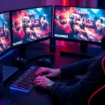Professional gamer sitting at high-end gaming PC setup with multiple monitors displaying vibrant game graphics, RGB lighting illuminating gaming peripherals, hands on mouse and keyboard in action pose