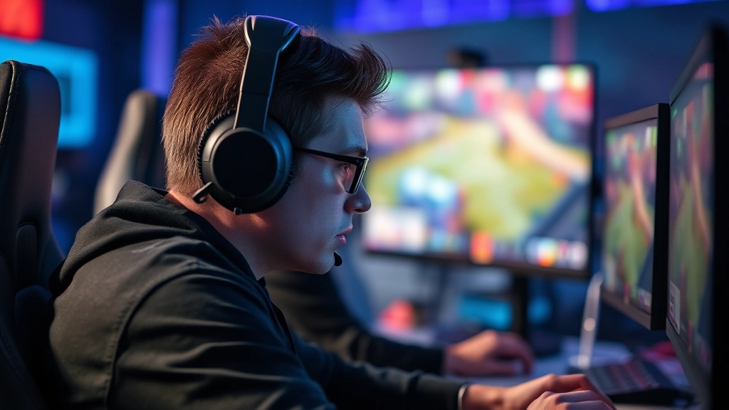 Competitive esports player wearing headphones at professional gaming tournament setup, displaying intense focus while playing, with blurred game visuals on monitor in background
