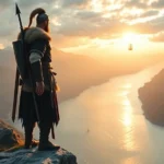 Viking warrior in traditional Norse armor standing on a cliff overlooking a fjord landscape with sailing ships in the distance, dramatic Nordic scenery, golden hour lighting, photorealistic, no UI elements