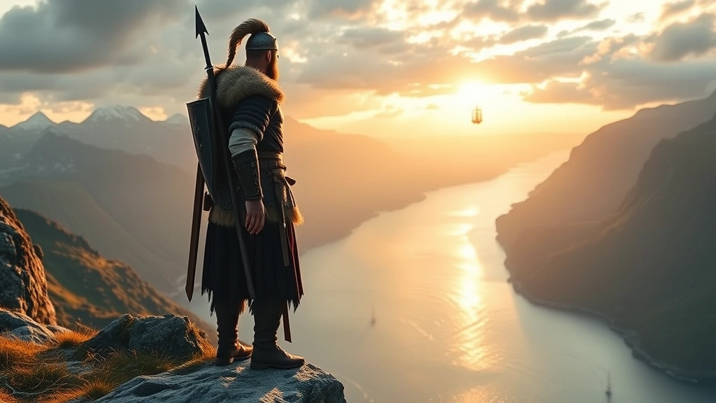 Viking warrior in traditional Norse armor standing on a cliff overlooking a fjord landscape with sailing ships in the distance, dramatic Nordic scenery, golden hour lighting, photorealistic, no UI elements