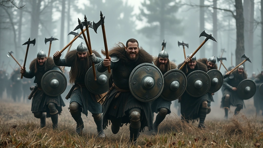 Group of Viking raiders in combat formation with axes and shields charging through a misty forest battlefield, dynamic action pose, authentic medieval Nordic armor and weapons, cinematic lighting, no text overlays