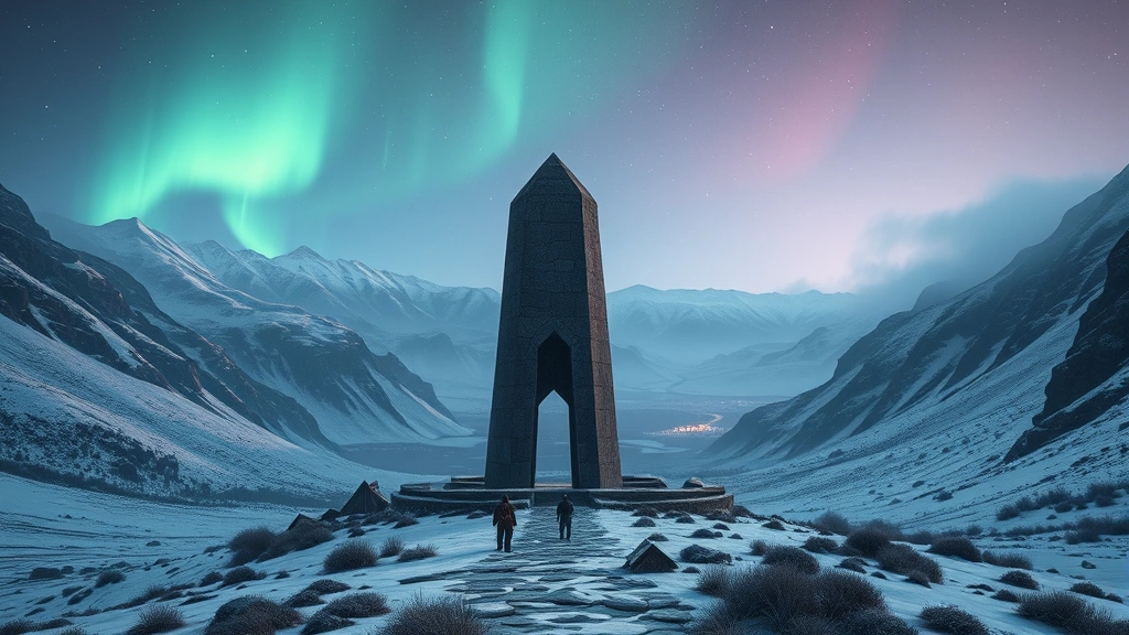 Mystical Norse mythology scene featuring an ancient stone monument in a snowy mountain pass with aurora borealis lights above, Viking settlement visible in valley below, ethereal atmospheric lighting, photorealistic environment, no game interface