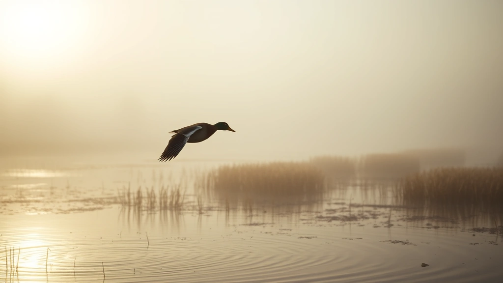 Photorealistic mallard duck in flight over misty wetland at dawn, water ripples below, golden sunlight filtering through fog, cinematic hunting game perspective, no UI elements visible
