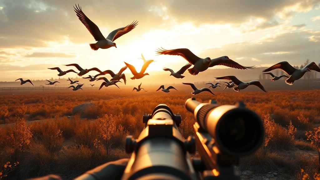 First-person view of hunter's rifle scope aimed at flying geese formation over autumn landscape, realistic gun mechanics visible, golden hour lighting, detailed feather textures on birds, immersive hunting simulator aesthetic