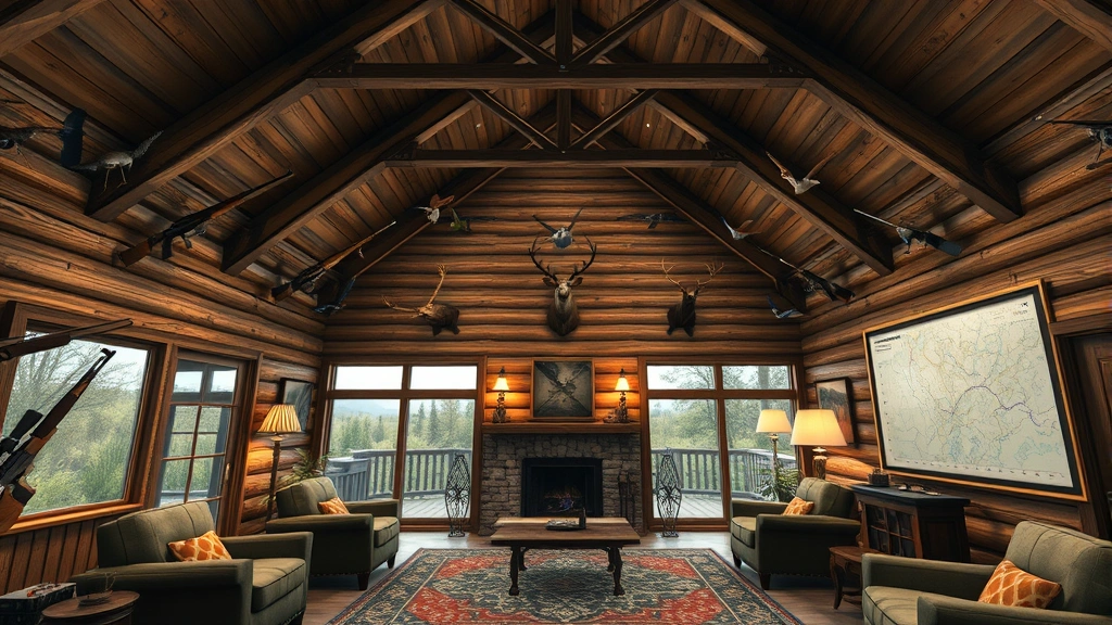 Expansive virtual hunting lodge interior with mounted bird displays, hunting rifles on wall racks, topographic maps, comfortable seating, warm interior lighting, realistic hunting game environment design, no text or HUD visible