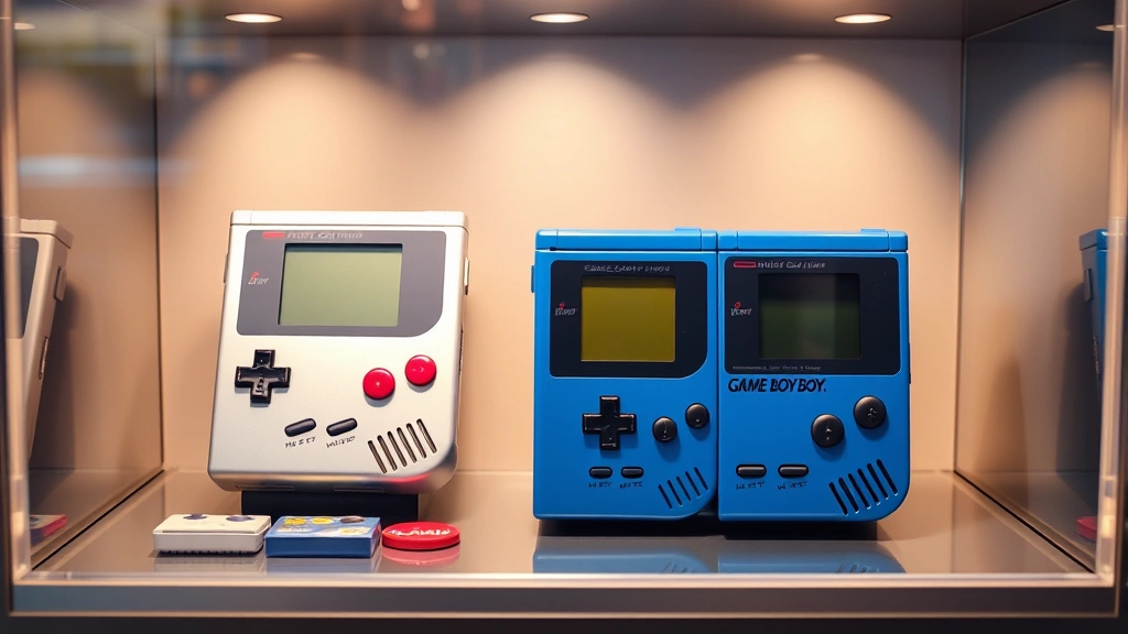 Pristine Game Boy Micro console in protective display case showing vibrant blue and silver color variants with interchangeable faceplates arranged carefully on premium shelf with warm lighting highlighting device details