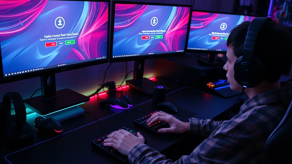 Frustrated gamer at gaming desk with multiple monitors displaying login error screens, hands on keyboard, modern gaming setup with RGB lighting and gaming peripherals