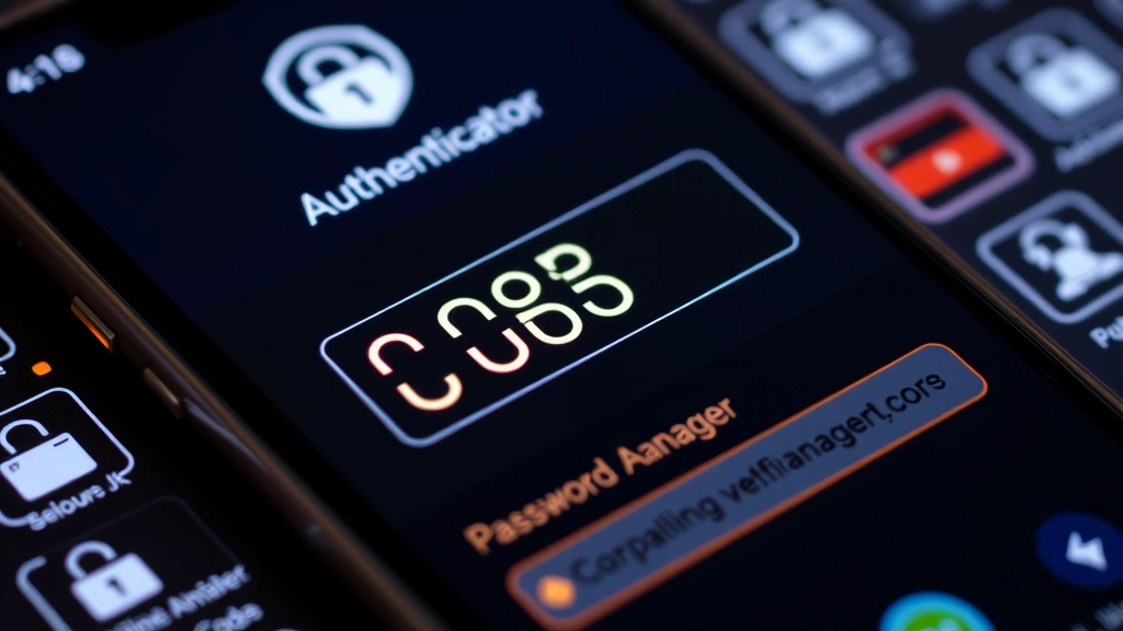 Close-up of smartphone showing authenticator app with glowing security codes, surrounded by password manager icons and security verification notifications
